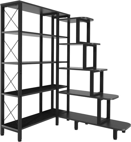 Large Corner Bookshelf Bookcase, Industrial Reversible 5 Tier Ladder Shelves Storage Display Rack with Metal Frame,