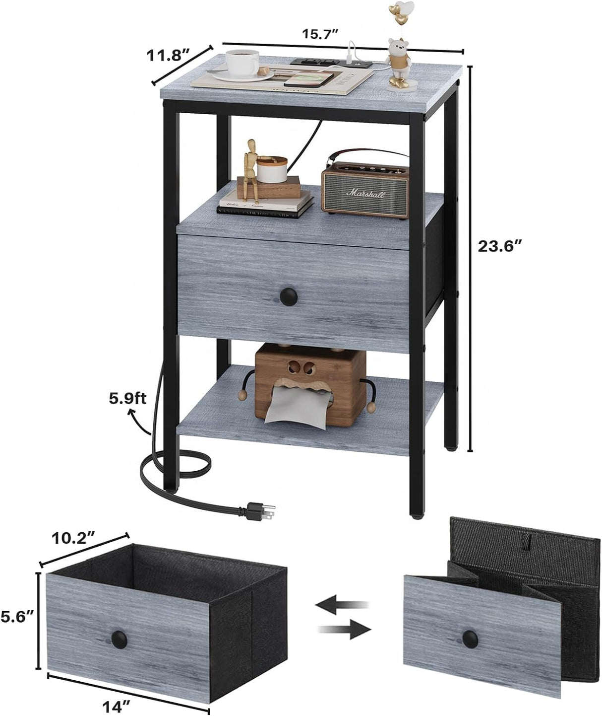 GGWEW Nightstand with Charging Station, Set of 2 Side Tables with Drawers, Small Nightstands with 2 USB Ports and 2 Outlets, 3-Tier Storage End Tables or Living Room, Bedroom, Grey Oak