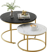 Round Coffee Table Set of 2 Modern Nesting Golden Frame Circular