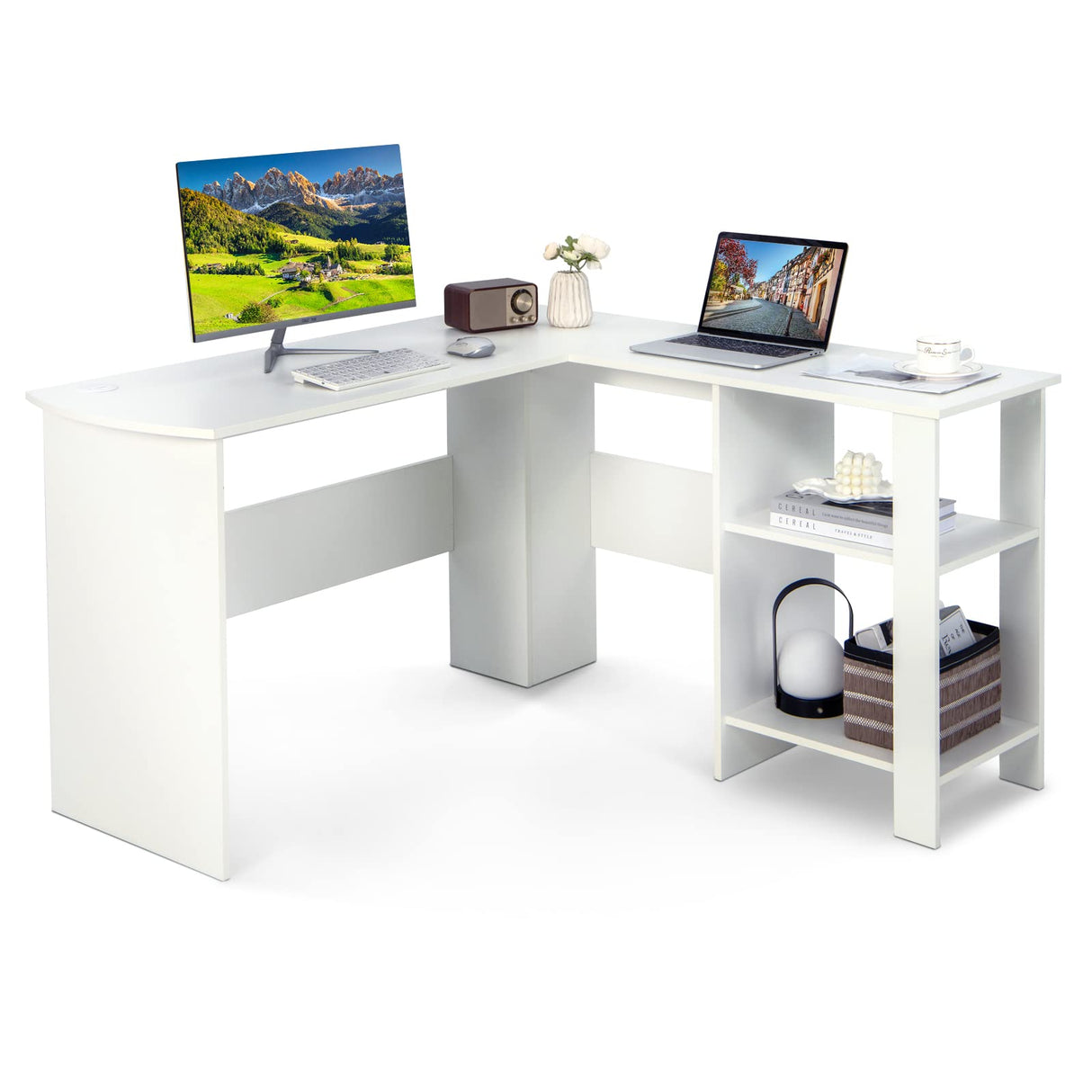 White L-Shaped Desk, 51” Modern Simple Style Writing Desk w/Storage Shelves