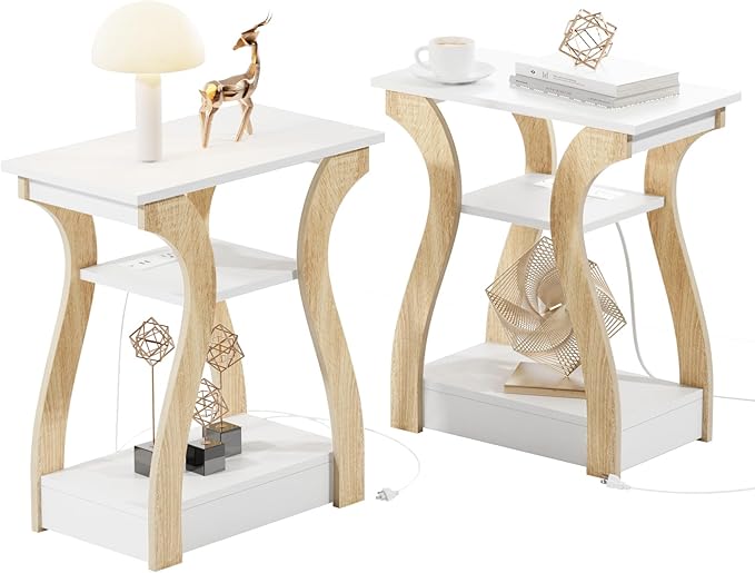 End table with Charging Station, Side Table with USB Ports and Outlets, Nightstand