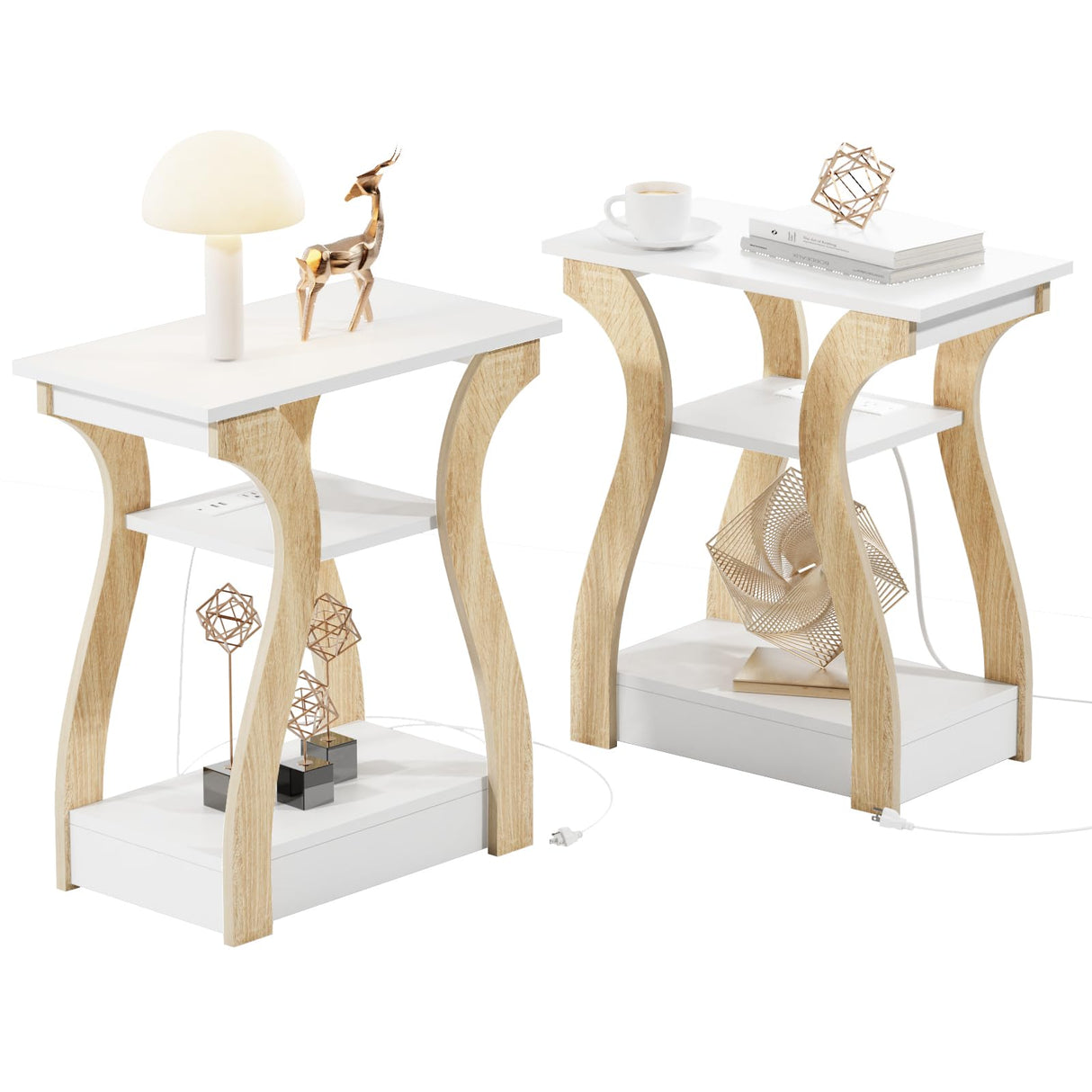 End table Set of 2 with Charging Station, Side Table with USB Ports and Outlets, Nightstand