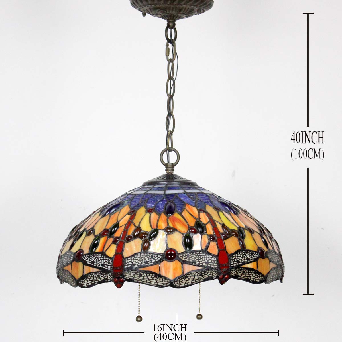 Tiffany Style Dragonfly Pendant Light - 16 Inch Stained Glass Hanging Lamp