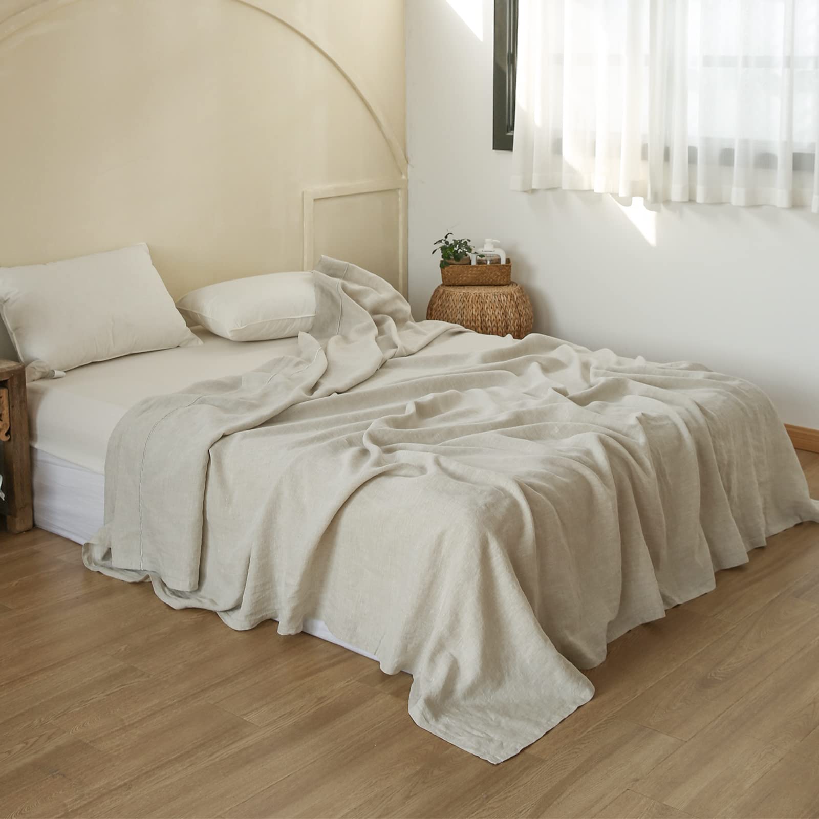 French Linen Flat Sheet with Embroidered Border-100% Stone Washed Flax Bedding,