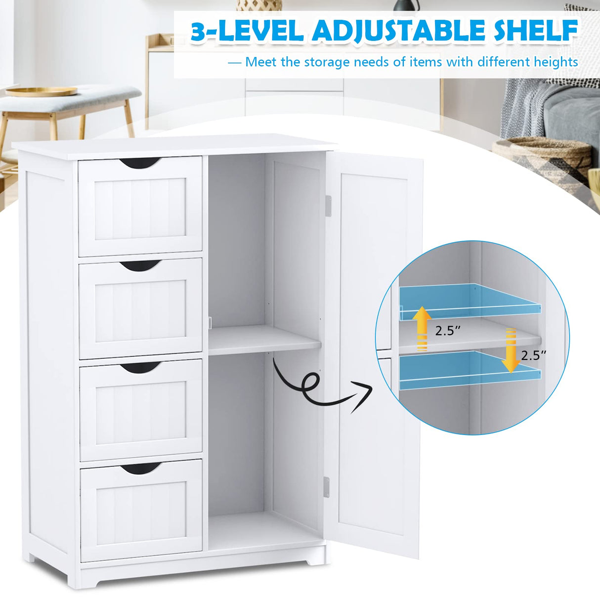 Bathroom Floor Cabinet, Freestanding Storage Cabinet with 4 Drawers & Single Door,