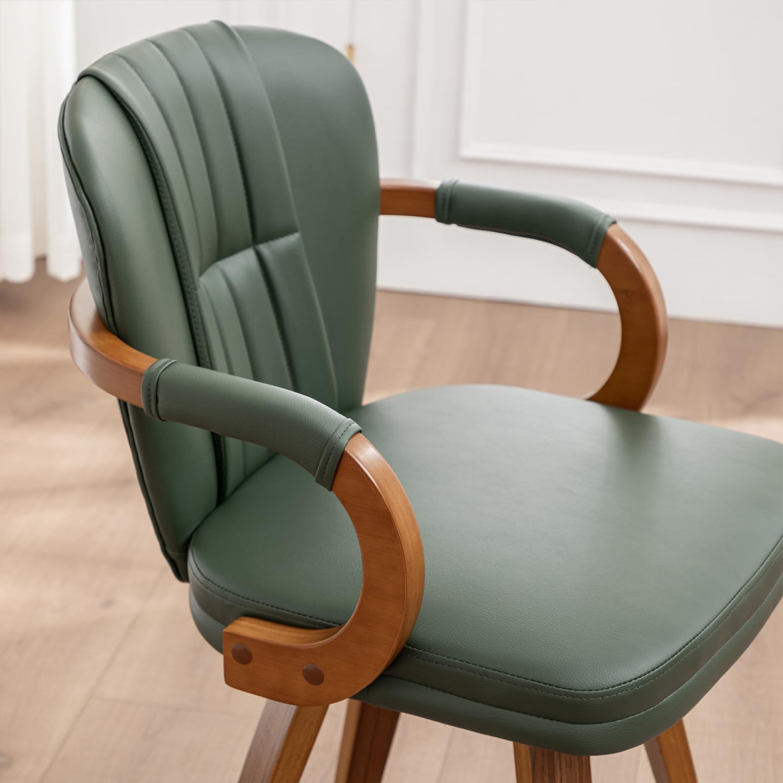 Swivel Dining Chairs Set of 4 - Green Leather Mid Century Modern