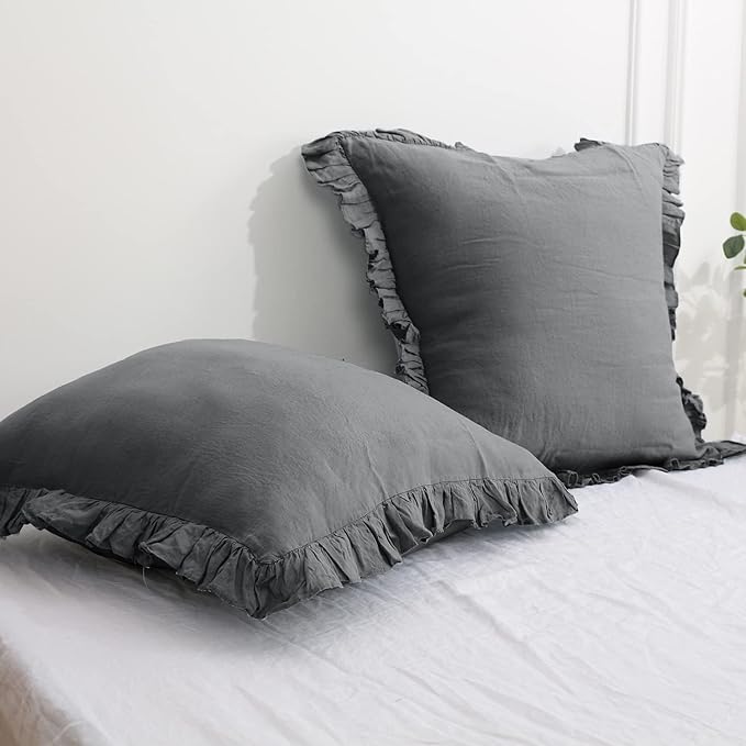 100% Linen Duvet Cover Set, 3 PCS Natural French Flax Natural Linen Ruffle Duvet Cover