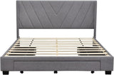 ,Linen Upholstered Platform Bedframe with 3 Drawers & Wing Shaped Headboard,Queen