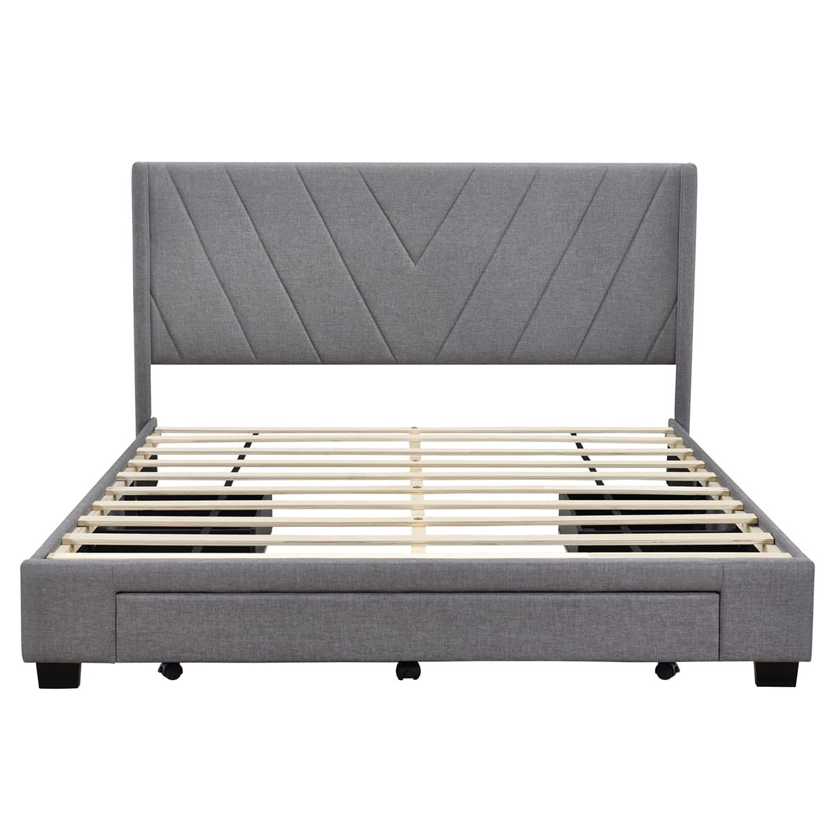 ,Linen Upholstered Platform Bedframe with 3 Drawers & Wing Shaped Headboard,Queen