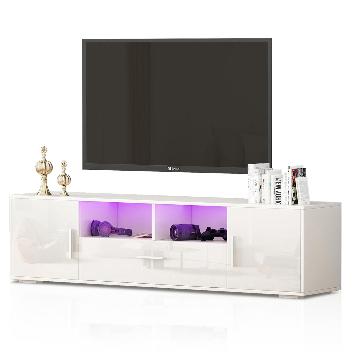 White LED TV Stand for 75 Inch TV, High Gloss Gaming Entertainment Center