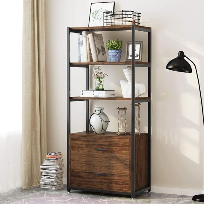 , 4-Tier White Bookshelf with 2 Drawers, Etagere Standard Book Shelves Display Shelf for Home Office (White)