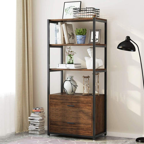 Bookcase, 4-Tier Rustic Bookshelf with 2 Drawers, Etagere Standard Book Shelves Display