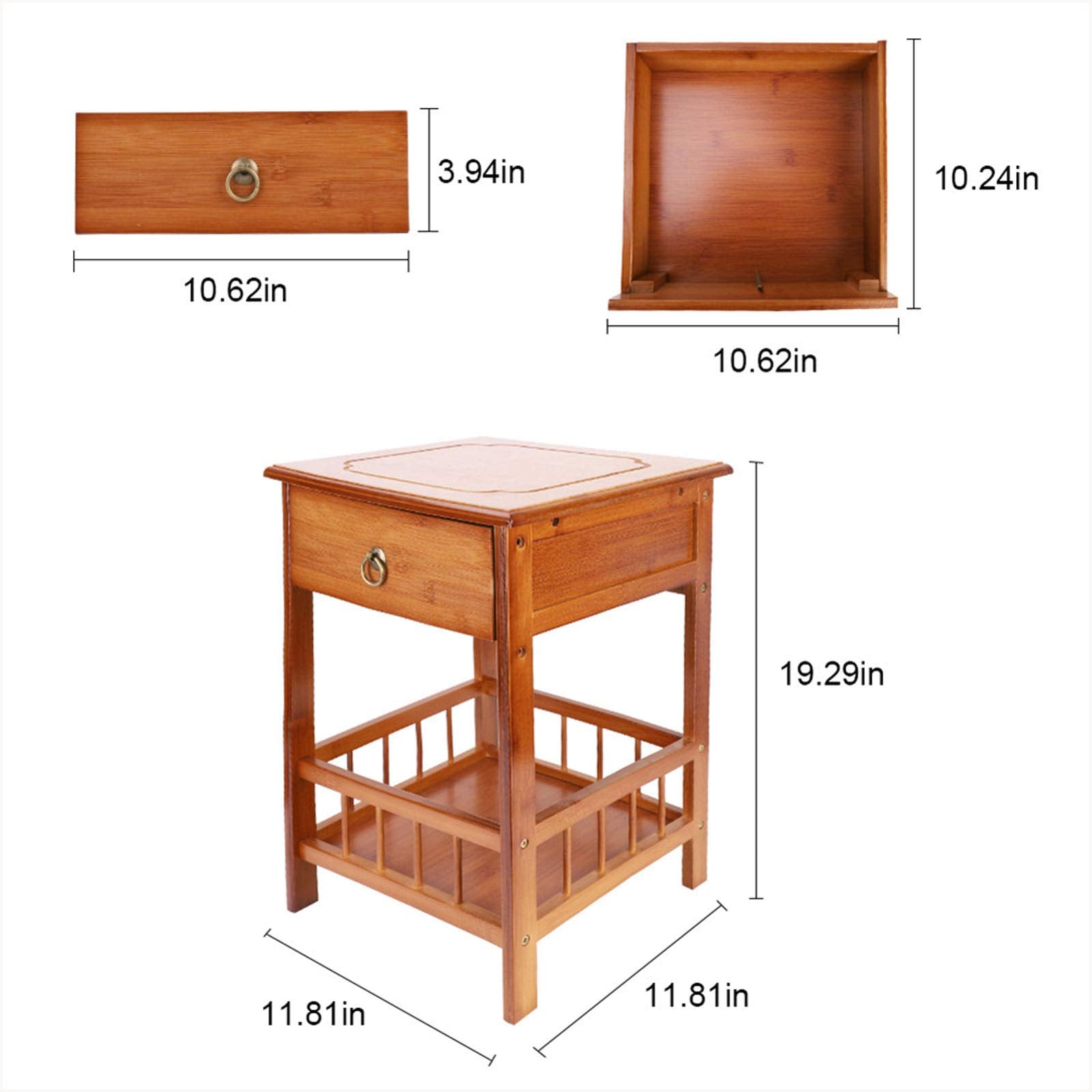 Bamboo End Side Table Nightstand with Drawer for Bedroom