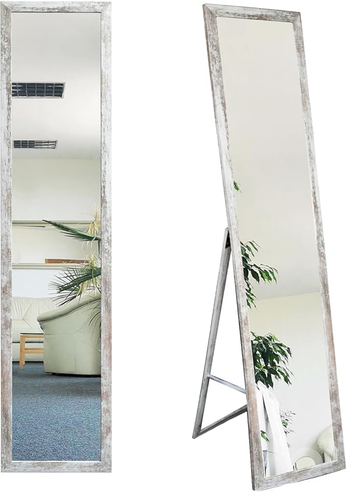 Floor Standing Full Lenght White Wooden Framed Mirror 61'' x 14'' Perfect for Bedroom