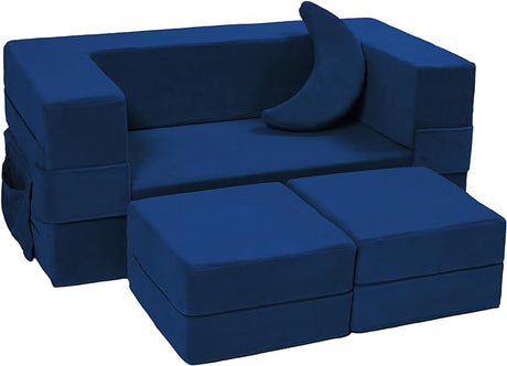 Elftopia Modular Kids Sofa,Toddler Couch Foam Armchair for Kids, Children Convertible Plush Sofa Play Set,Fold Out Sofa Bed(Navy)