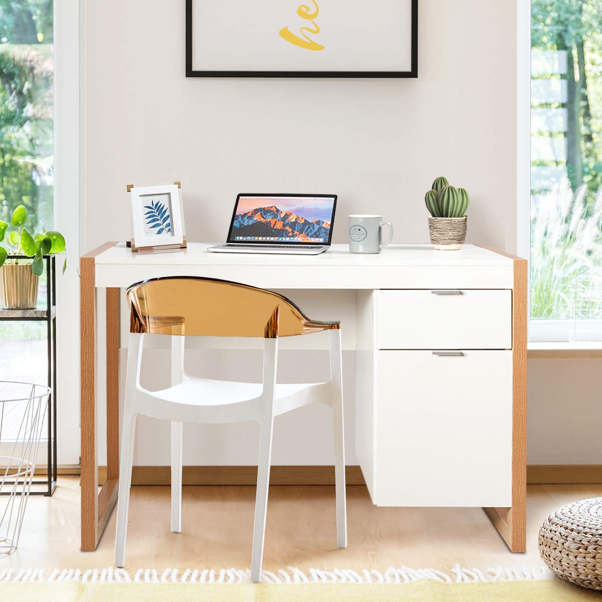 White Desk with Drawer & Cabinet, Wooden Home Office Desk
