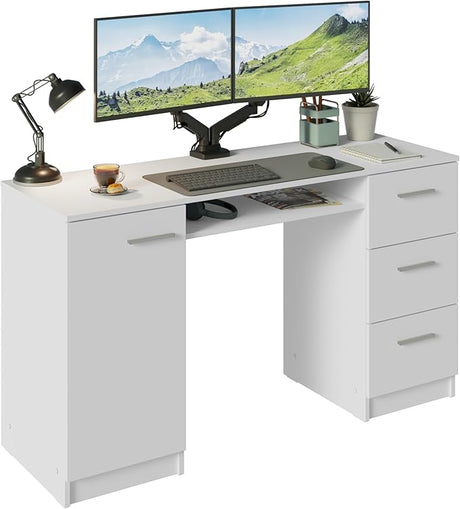 Computer Desk 53 Inch with 3 Drawers 1 Door and 1 Storage Shelf Ergonomic Wooden Home Office Gaming Writing Workstation Study Furniture - Grey