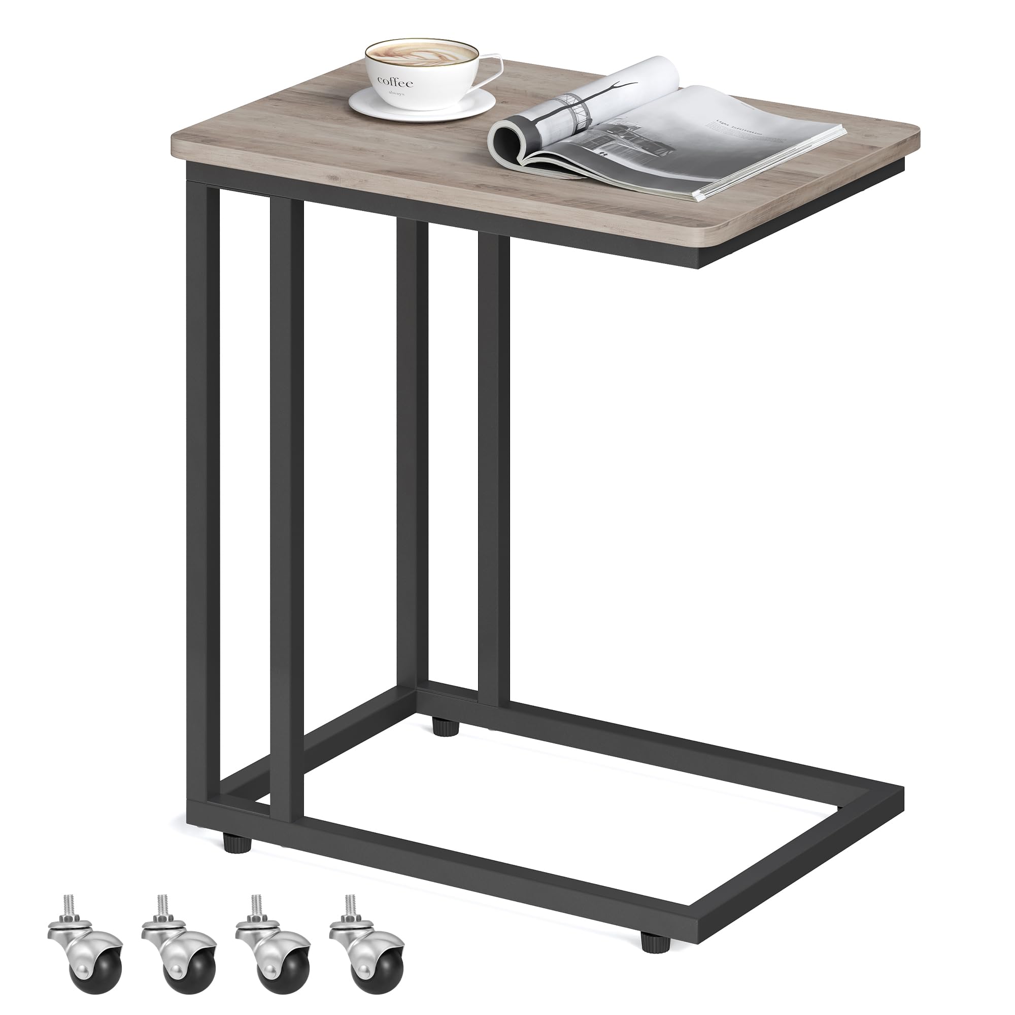 End Table, C Shaped TV Tray with Metal Frame Rolling Casters, Industrial Side Table for Living