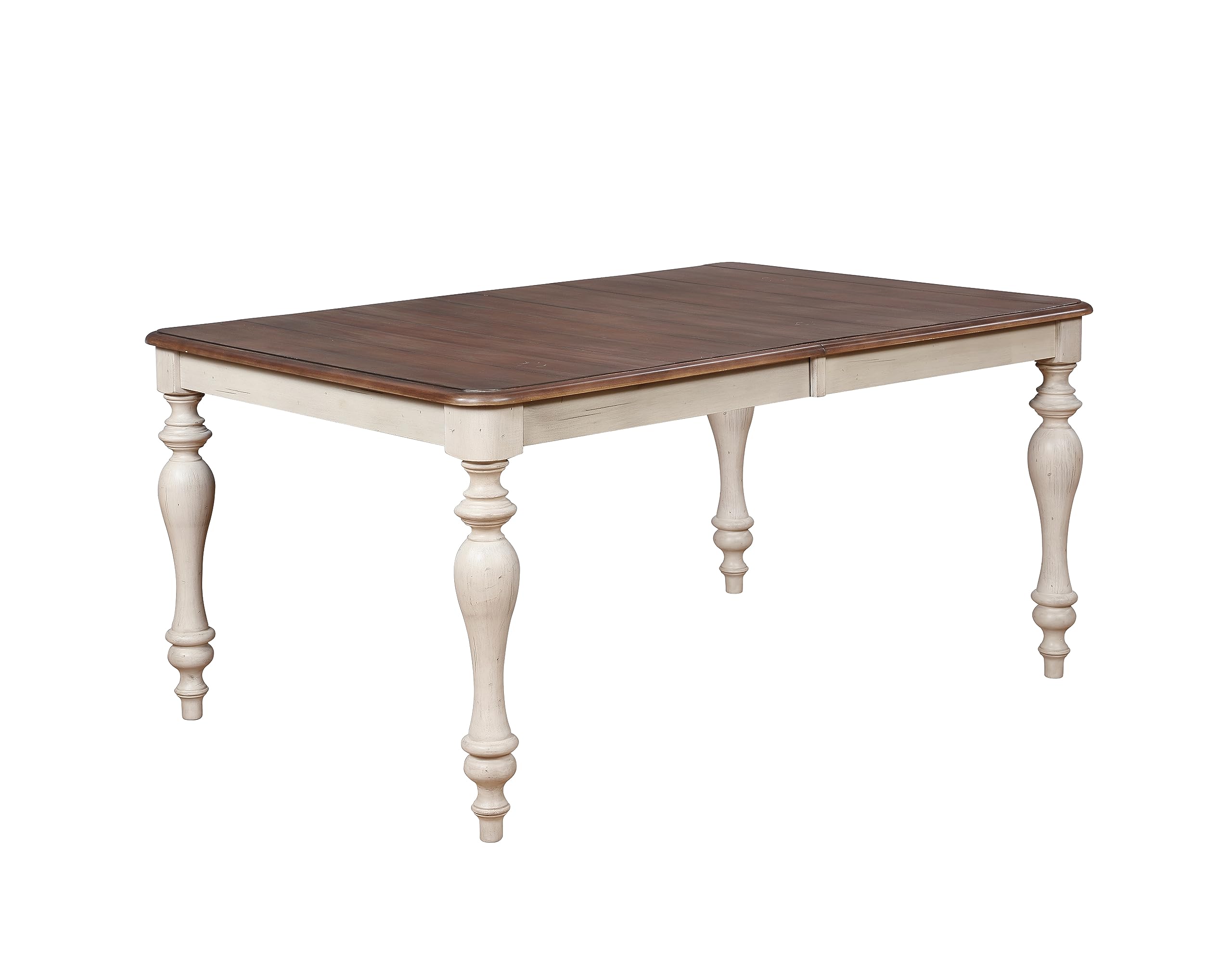 Arch Solid Wood Dining Set: Table with Extension Leaf, Six Chairs, Distressed White and Dark