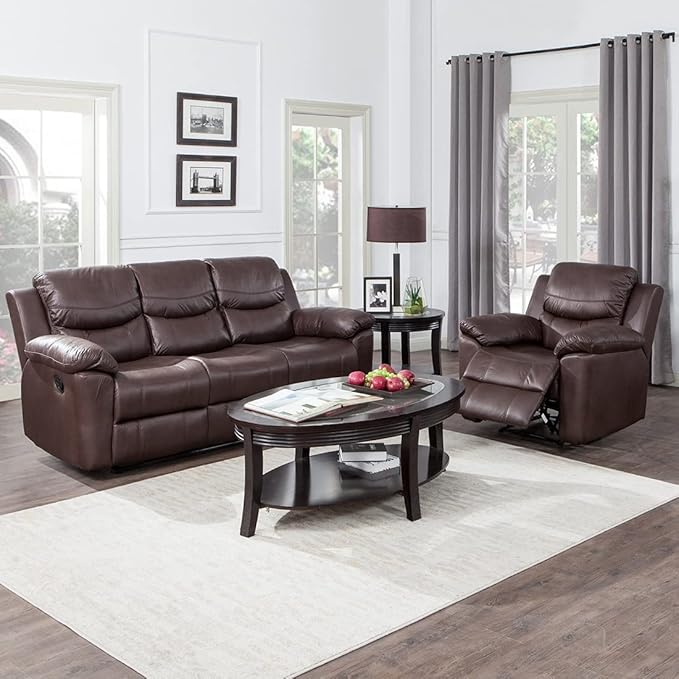 Pieces Bonded Leather Recliner Furniture Sofa Set, Reclining Chair and Reclining Loveseat