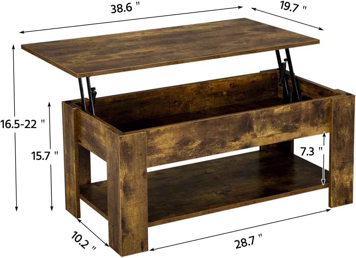 Vintage Coffee Table, Lift Top Coffee Table with Large Hidden Storage Shelf