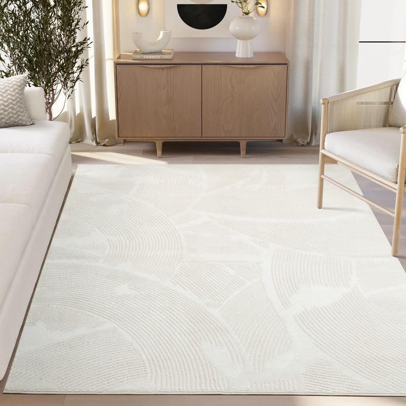 Abani Zen 8' x 10' Cream Rug – Neutral Brush Stroke Sandbrush Design, Large Soft Area Rug for Living Room & Bedroom, Durable & Easy to Clean