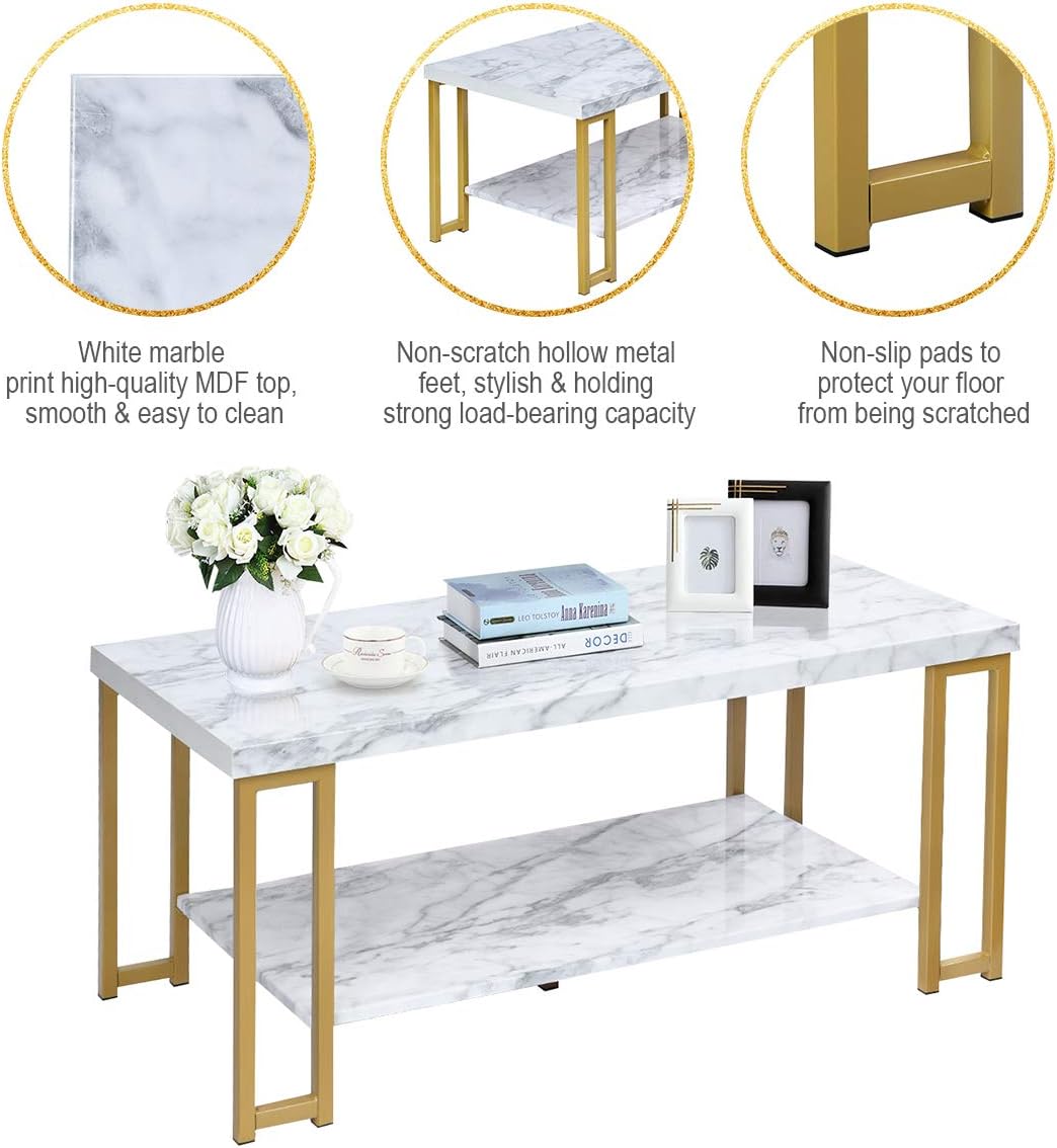 2-Tier White Marble Coffee Table, Rectangular Faux Marble Coffee Table with Storage Shelf, Sturdy Gold-