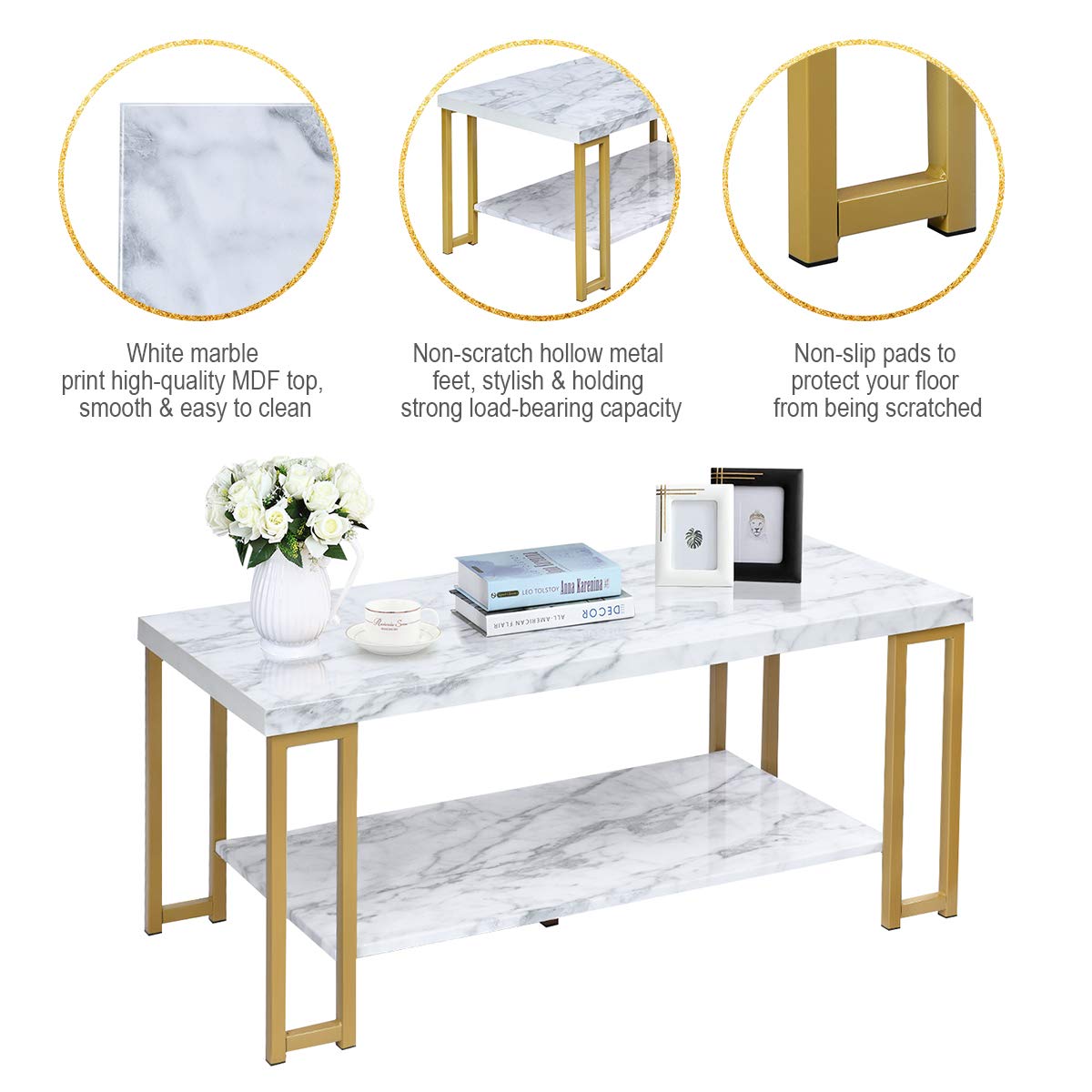 2-Tier White Marble Coffee Table, Rectangular Faux Marble Coffee Table with Storage Shelf, Sturdy Gold-