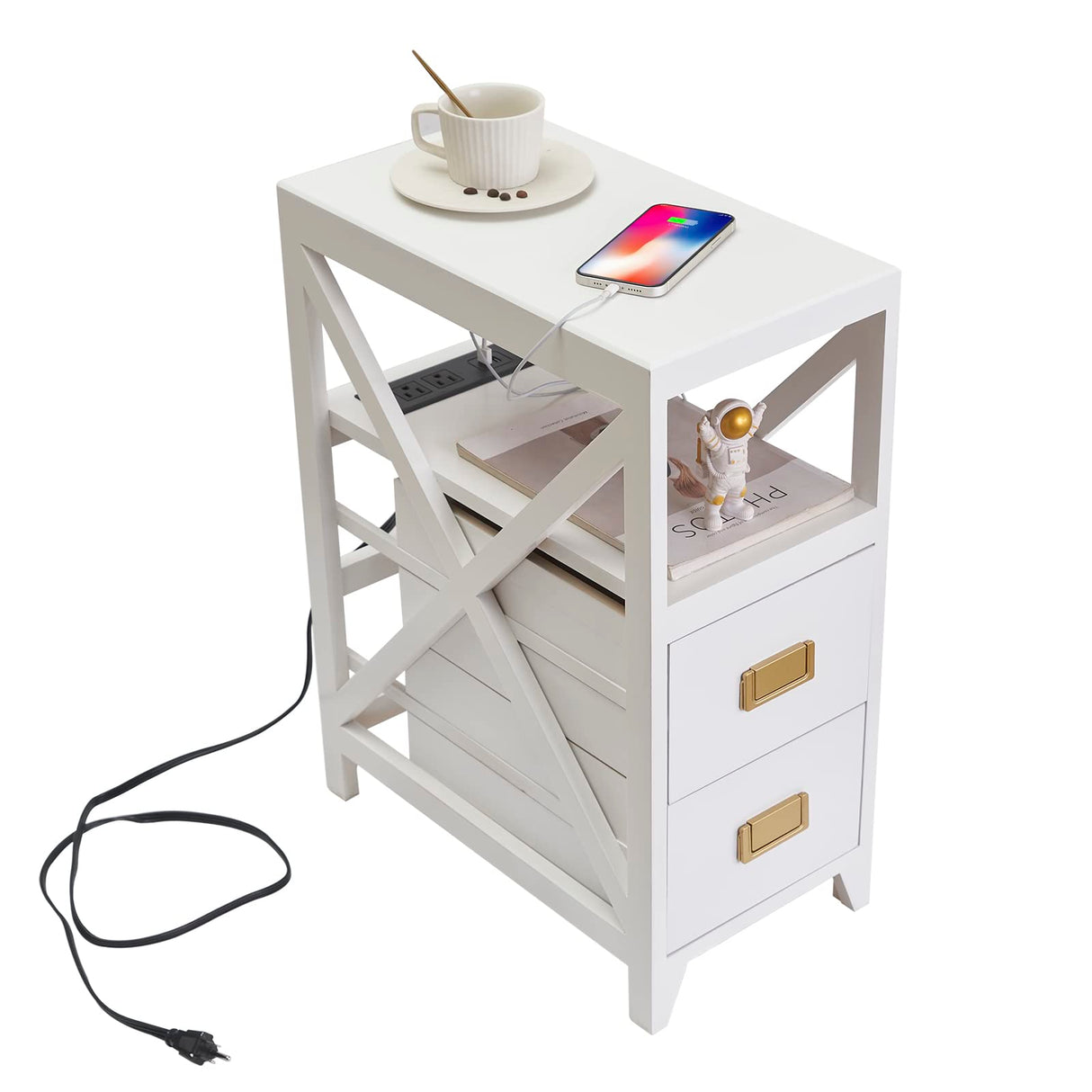 Fully Assembled Narrow Side Table with Charging Station, No Assembly Narrow Nightstand