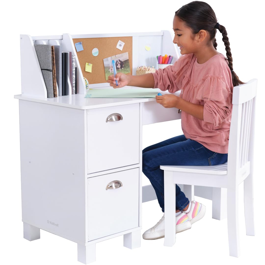 Study Desk for Children with Chair, Bulletin Board and Cabinets, White