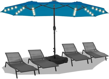 15FT Solar LED Patio Umbrella with Base,Outdoor Double-Sided Umbrella with Crank Handle,