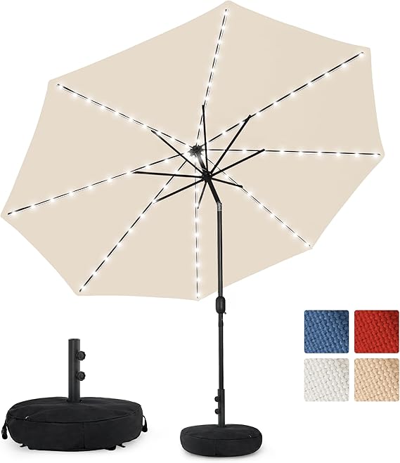 Olefin 5-Year-Non-Fading Solar 80 LED 9 FT Solar Patio Umbrella with Sand Bag Base