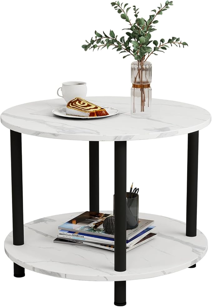 23.6" Round Coffee Table, 2-Tier Small Circle Coffee Table with Storage