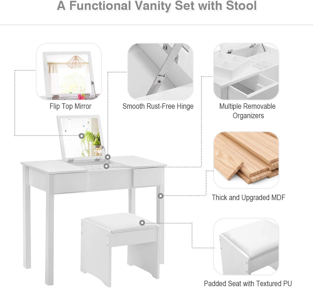 Vanity Set with Flip Top Mirror and Cushioned Stool, Makeup Dressing Table Writing Desk with 2 Drawers