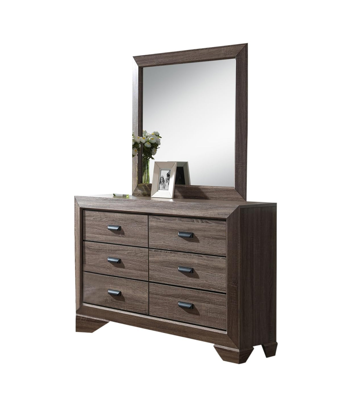 6-Piece Black/Brown Modern King Size Bedroom Furniture Set, Bed, Dresser, Mirror,