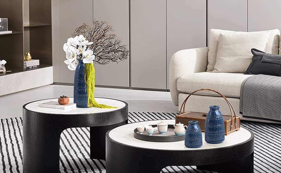 Navy Blue Ceramic Flower Vases for Home Decor Set of 3, Living Room Décor
