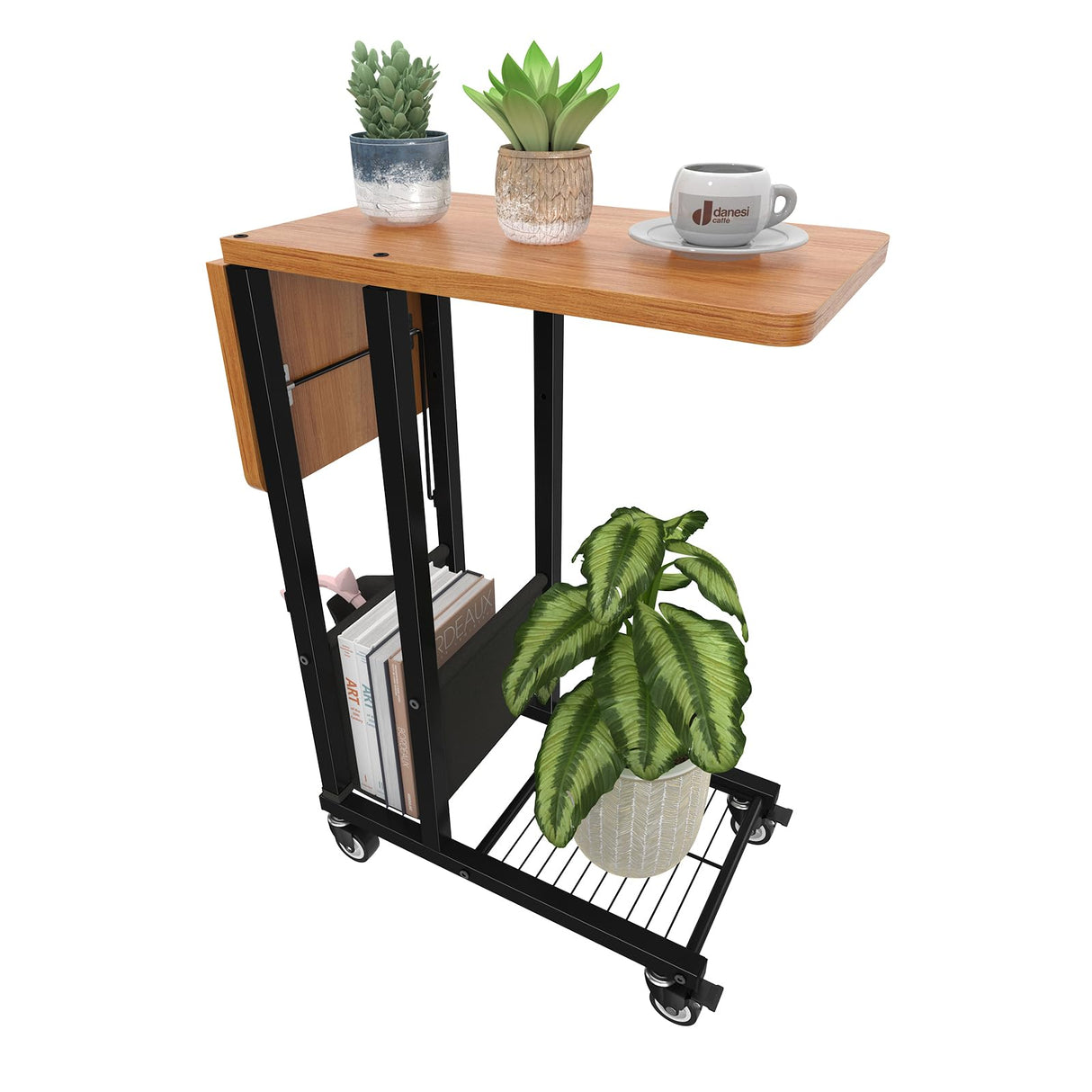 Side Table, C-Shape Folding Table with Wheels, Laptop Tray Table