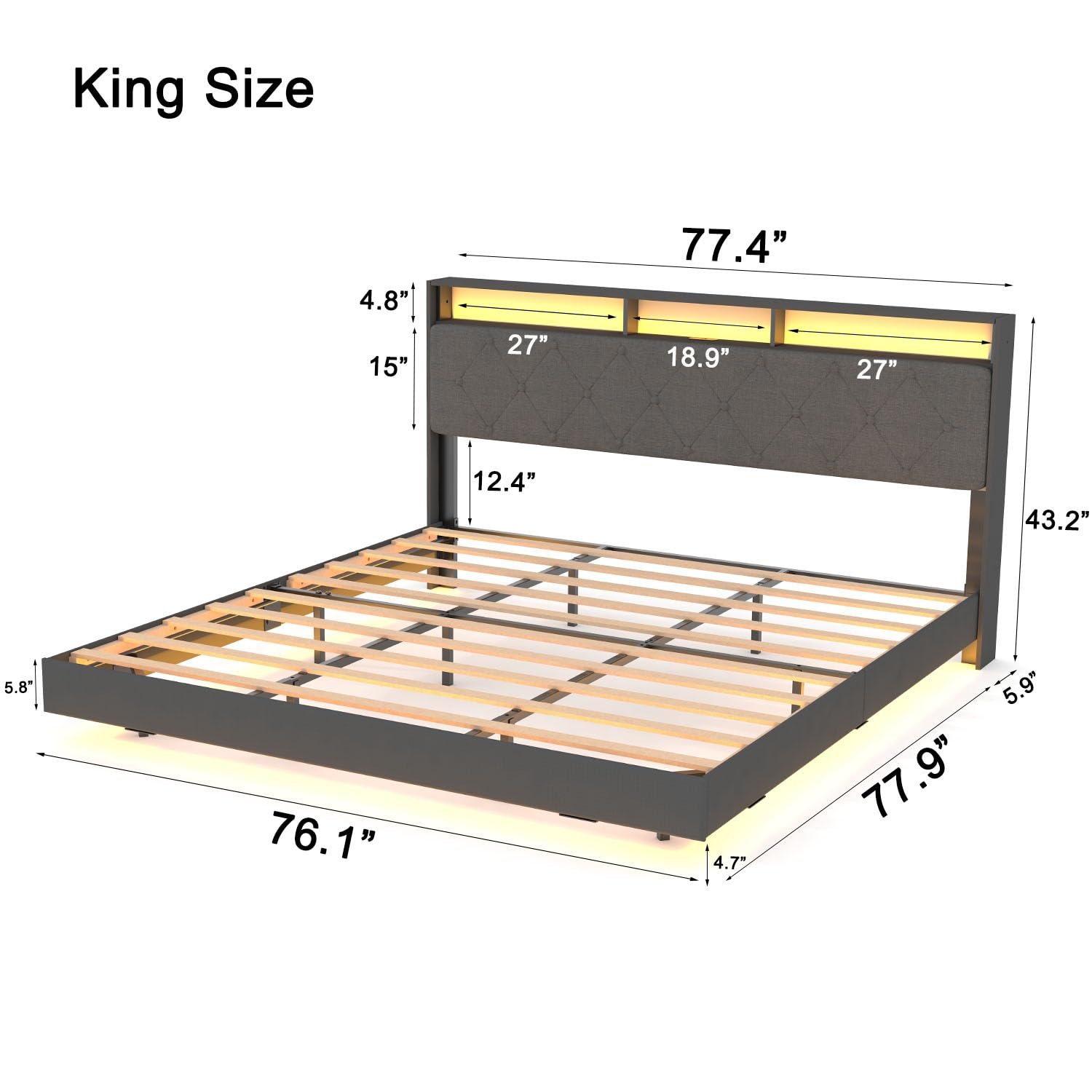 King Floating Bed Frame with LED Lights & USB Charging