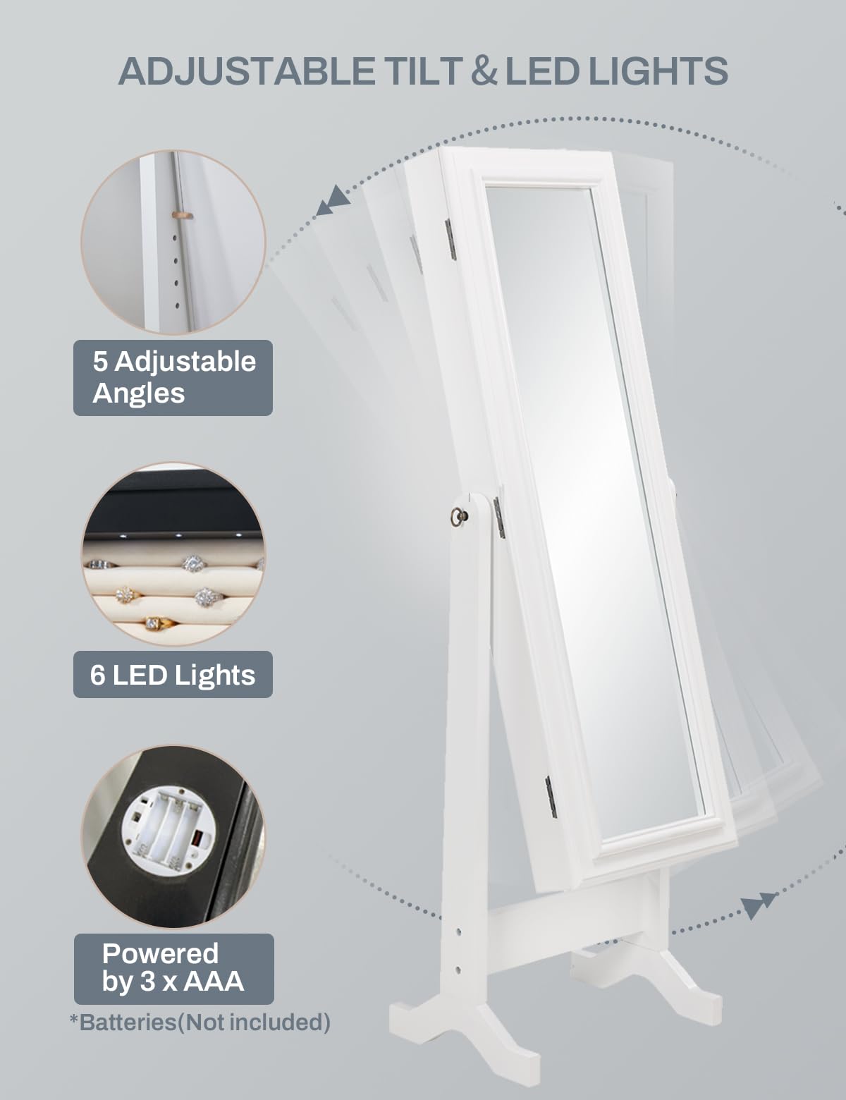 Jewelry Armoire Cabinet Standing Mirror Full Length with Jewelry Storage, LED Lights 5 Adjustable Angles Jewelry