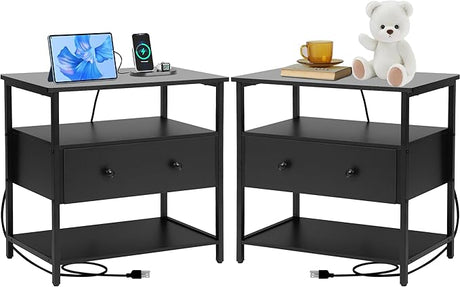 27 inch Nightstand Side Table with 1 Layer of Wooden Drawers，Nightstand with Charging Station