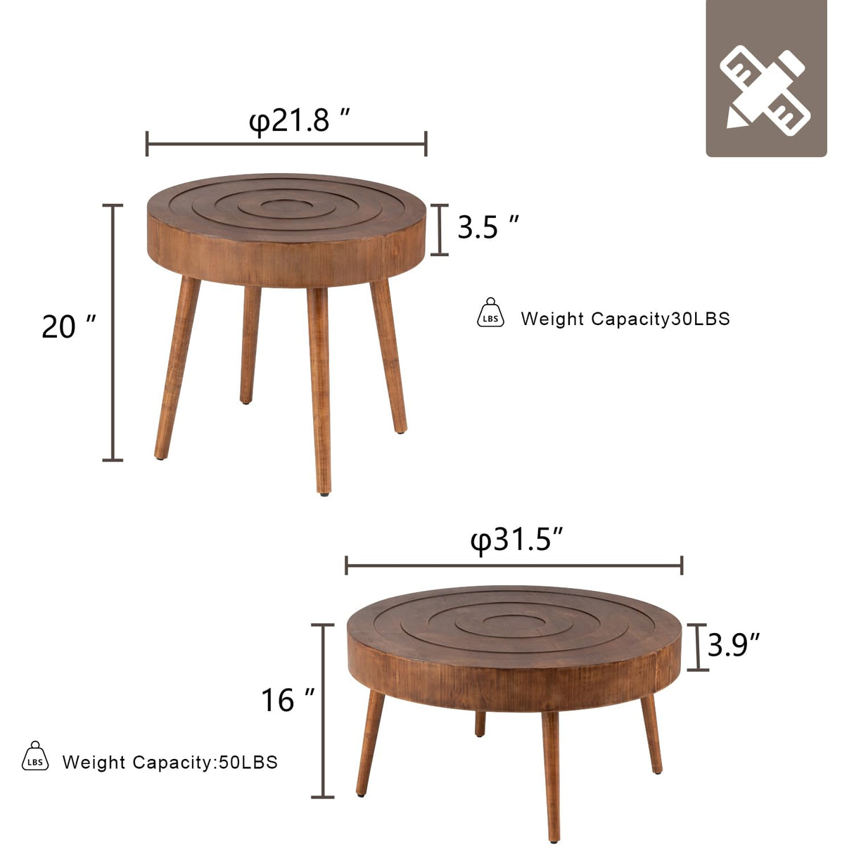 Nesting Coffee Tables w Wood Grain Finish, 2 Pieces Living Room Tea Table Sets