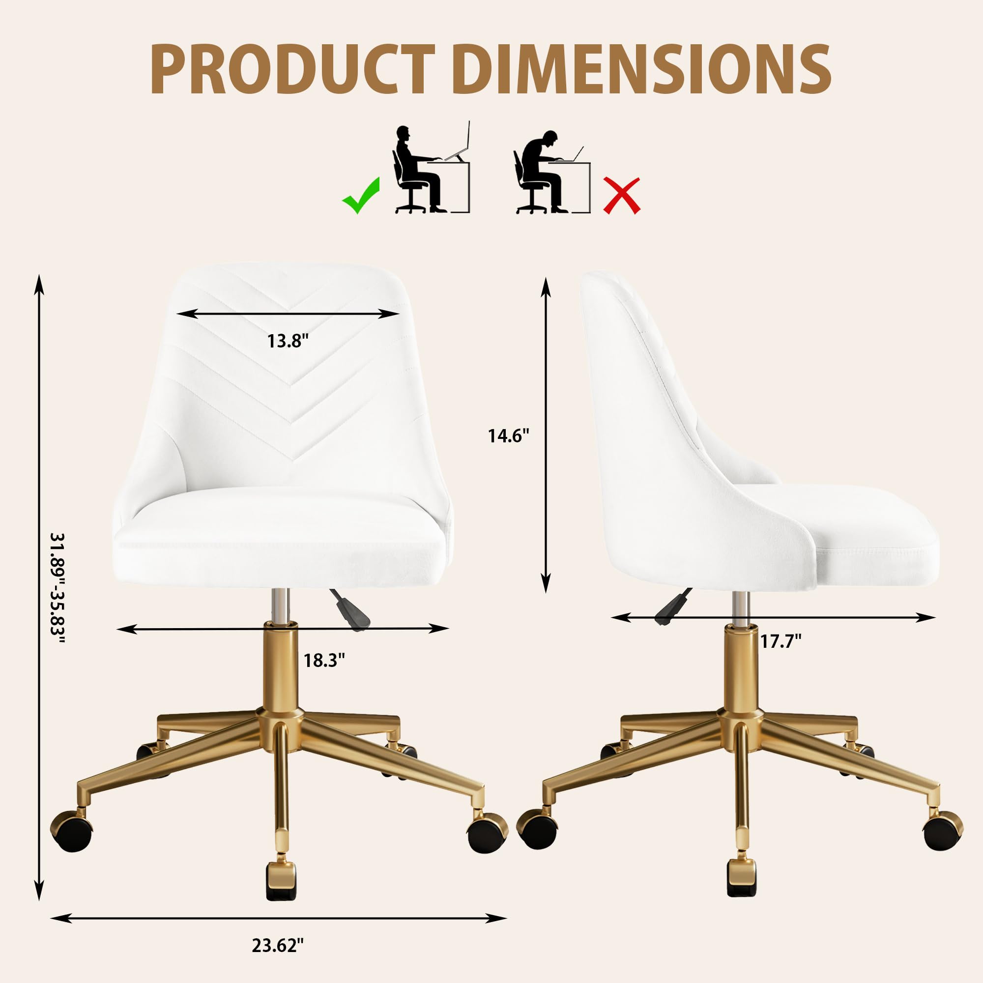 Velvet Vanity Desk Chair - Height Adjustable Swivel Office Chair with Gold Base