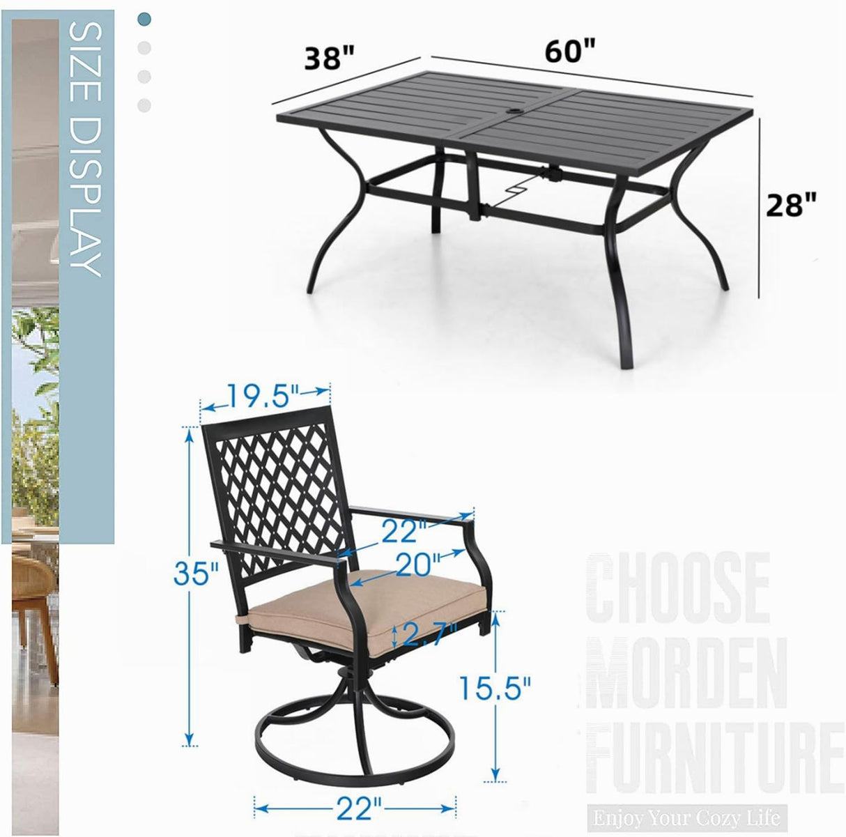 7PCS Patio Dining Set, Large Rectangular Metal Top Table