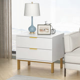 Set of 2 Nightstands with 2 Storage Drawers & Gold Metal Legs, Modern Bedside Table