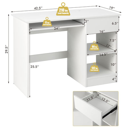 Office Desk with Drawer, Wooden Storage Computer Desk with Keyboard Tray & Adjustable Shelves, Executive Table Makeup Vanity Table Desk for Bedroom, Small Space, White