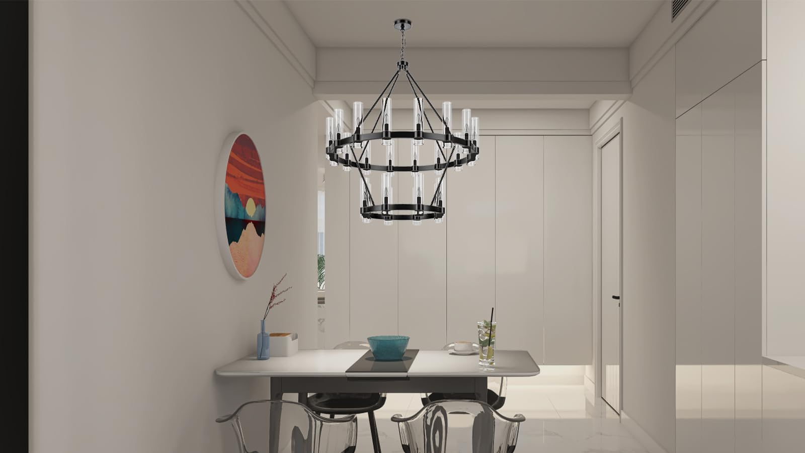 24-Lights Black Wagon Wheel Chandelier Modern Farmhouse with Glass Shade