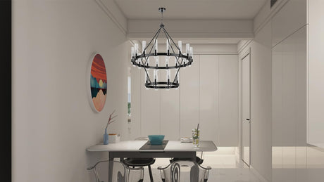 24-Lights Black Wagon Wheel Chandelier Modern Farmhouse with Glass Shade