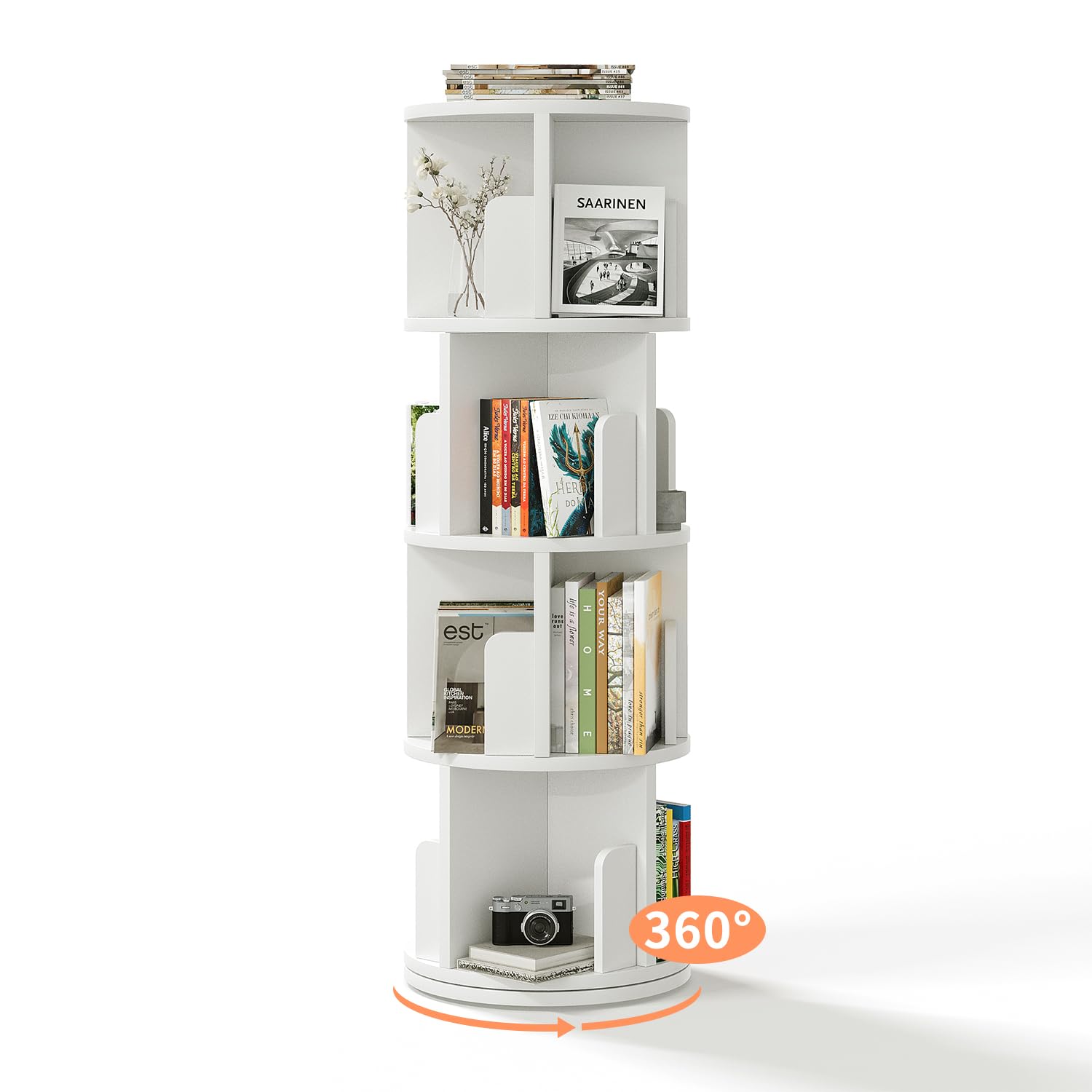 360° Rotating Bookcase, 4 Tier Small Corner Bookcase with a Footprint, Free Standing Bookshelf