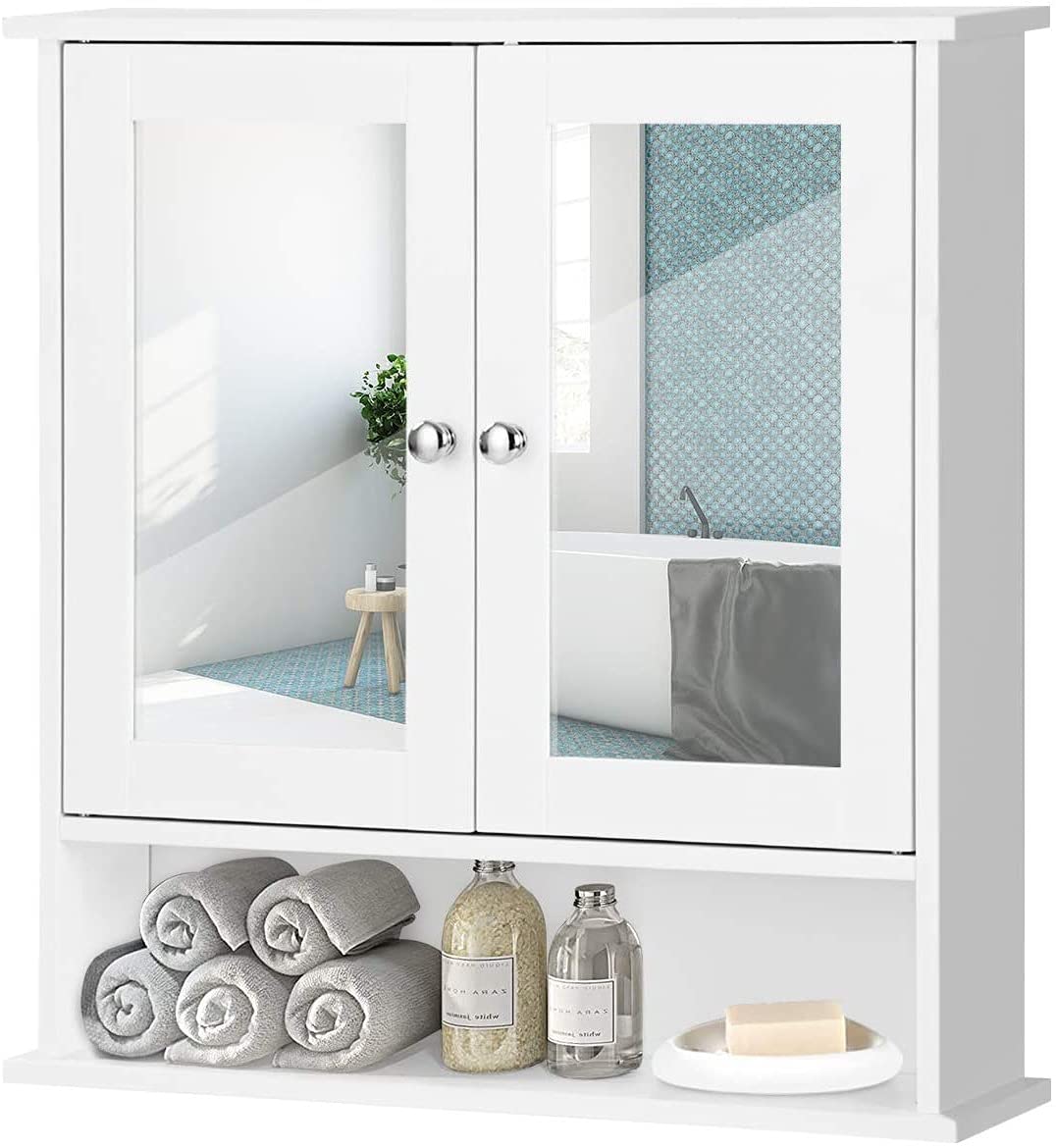 Wall Mounted Bathroom Cabinet w/2 Mirrored Doors, Over-Toilet Hanging Cabinet