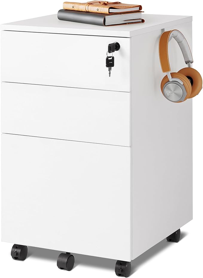 3 Drawer Rolling File Cabinet with Lock, Wood Under Desk Filing Cabinet fits